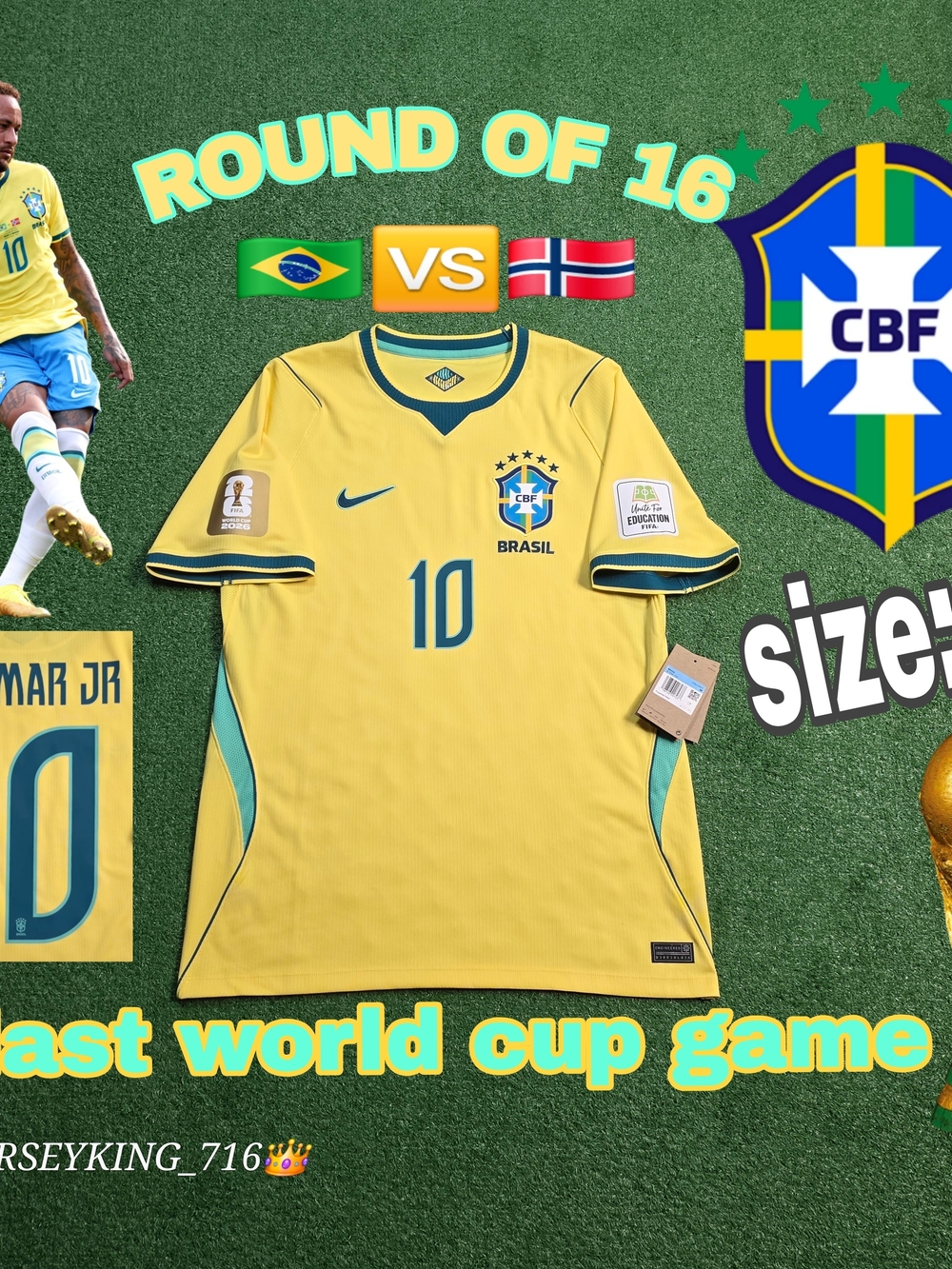 Nike Brazil CBF Neymar Jr #10 2026 World Cup Home Jersey Vs Norway Medium New